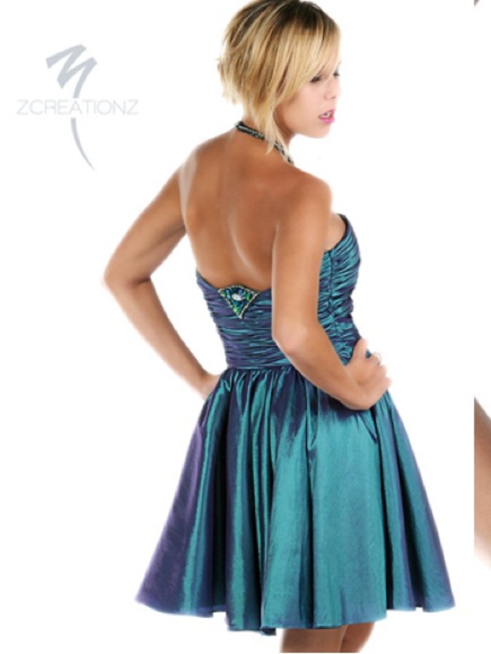 Strapless Iridescent Teal Party Dress with Beaded Accent